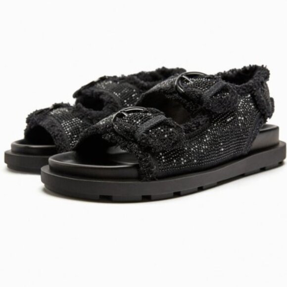 ZARA BLACK FLAT SLIDER SANDALS TWEED FABRIC RHINESTONES. SIZE US 9 3663/110/800 - Picture 5 of 7
